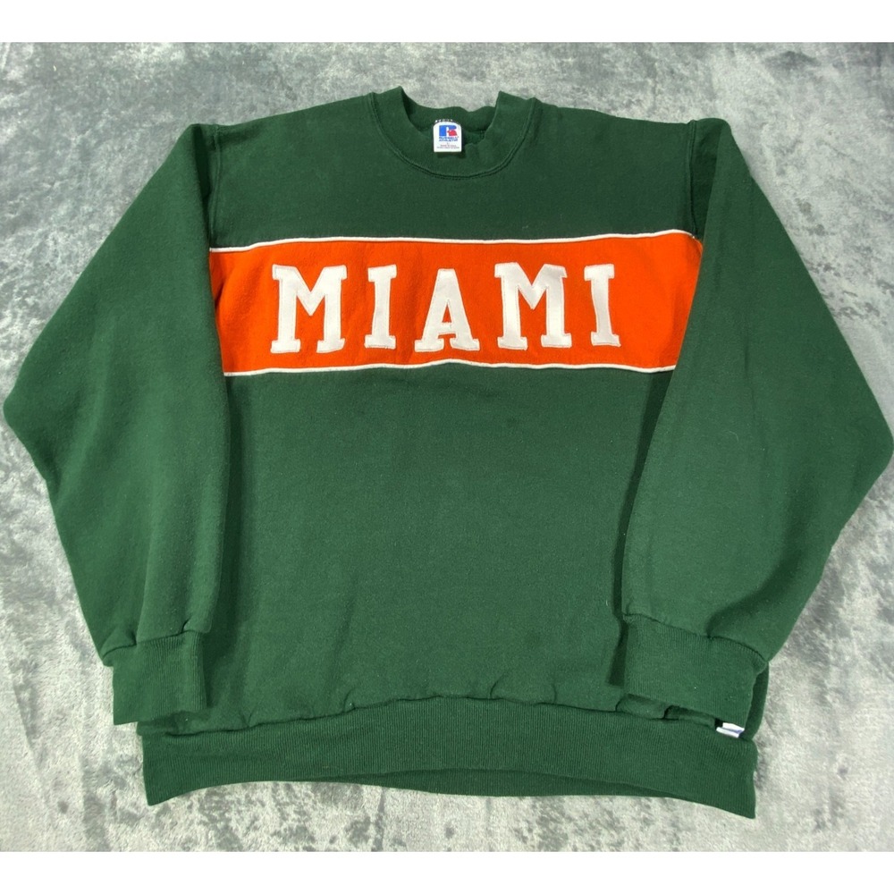 Vintage Miami Hurricanes Crewneck Sweatshirt L NCAA Orange Russell Fleece USA
